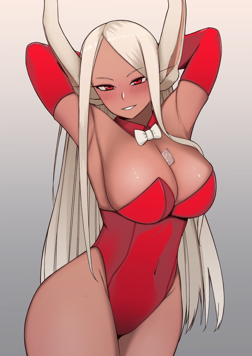 1girl animal_ears armpits arms_behind_head bangs bare_shoulders blush boku_no_hero_academia bow bowtie breasts cleavage condom condom_between_breast condom_wrapper covered_navel dark-skinned_female dark_skin detached_collar detached_sleeves grey_background highleg highleg_leotard highres large_breasts leotard long_eyelashes long_hair looking_at_viewer mirko parted_bangs parted_lips rabbit_ears rabbit_girl red_eyes red_sleeves smile solo strapless strapless_leotard takasuke_0120 thighs white_bow white_bowtie white_hair
