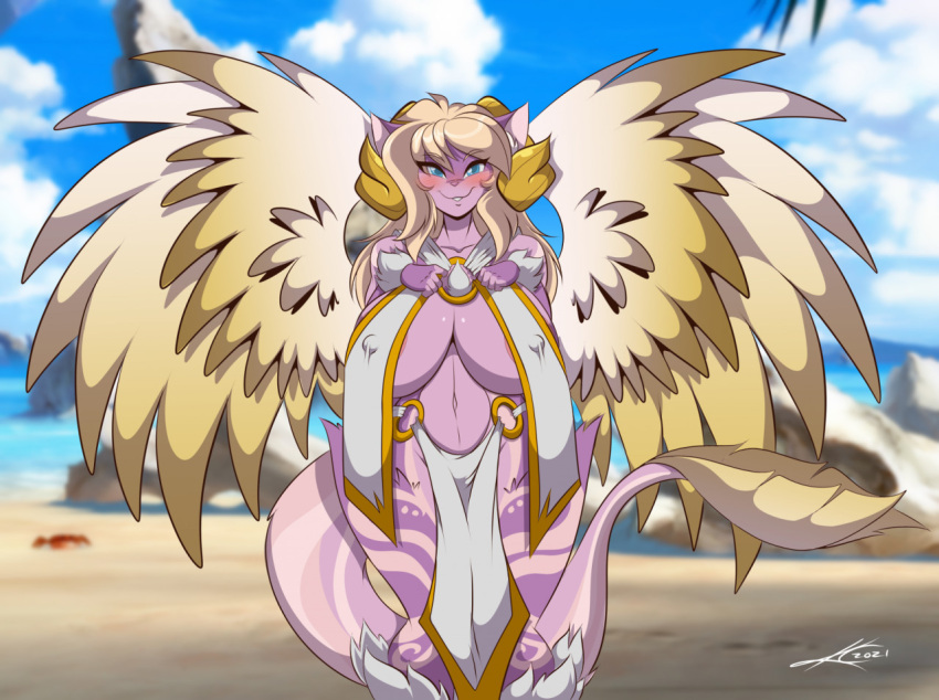 anthro areola beach big_breasts blush bottomwear breasts clothing female loincloth looking_at_viewer mastergodai seaside smile smiling_at_viewer solo