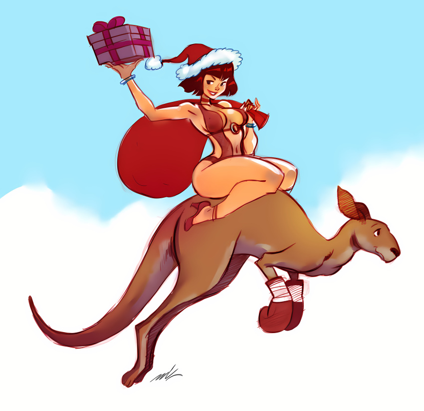 1girl absurdres anna_williams bandai_namco bob_cut boxing_gloves breasts brown_hair christmas_present contrapposto gift hat high_heels highres holding holding_gift kangaroo large_breasts linea_alba looking_at_viewer red_bag roger_(tekken) santa_hat seeso2d short_hair signature skindentation smile stomach swimsuit tekken tekken_tag_tournament_2 thighs toned underboob wide_hips