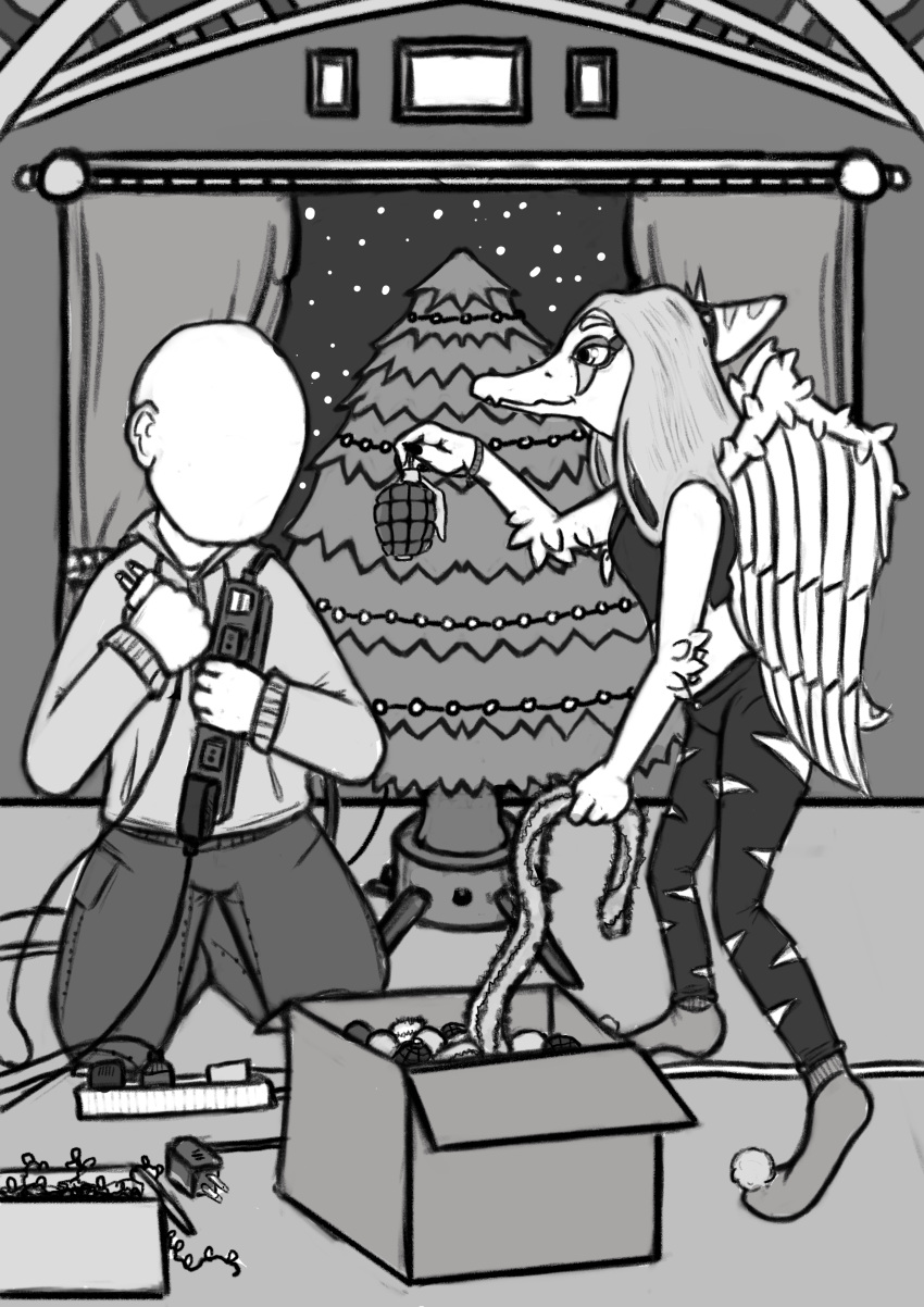 absurd_res anon_(snoot_game) anthro bald bottomwear box christmas christmas_decorations christmas_lights christmas_tree clothed clothing container dinosaur duo explosives fang_(gvh) feathered_wings feathers featureless_face female goodbye_volcano_high grenade hair hi_res holidays human long_hair long_snout male mammal monochrome pants plant pterodactylus pterosaur reptile scalie slippers snoot_game_(fan_game) snout torn_bottomwear torn_clothing torn_pants tree unknown_artist weapon window wings