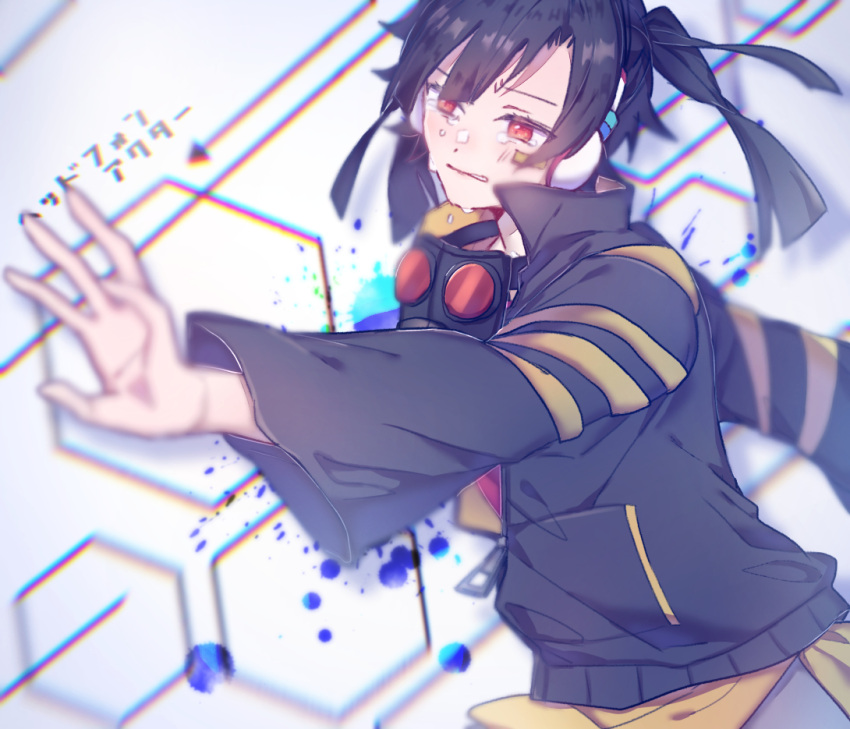 1girl arrow_(symbol) bandaid bandaid_on_face bangs black_hair black_jacket commentary crying crying_with_eyes_open enomoto_takane gas_mask hexagon jacket kagerou_project long_sleeves looking_ahead mask muuta04 paint_splatter parted_lips popped_collar red_eyes solo tears twintails upper_body zipper