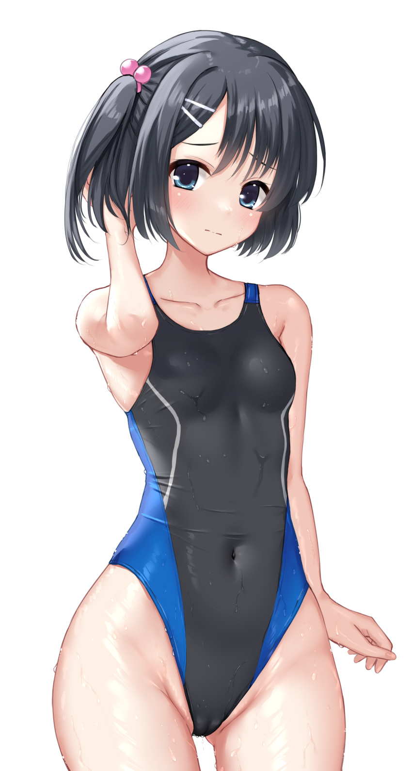 1girl absurdres black_hair black_one-piece_swimsuit blue_eyes breasts commentary_request competition_swimsuit covered_navel cowboy_shot dracu-riot! groin hair_bobbles hair_ornament hairclip highleg highleg_swimsuit highres mera_azusa ncontrail_(mgax7527) one-piece_swimsuit one_side_up shinryaku!_ikamusume short_hair simple_background small_breasts swimsuit two-tone_swimsuit