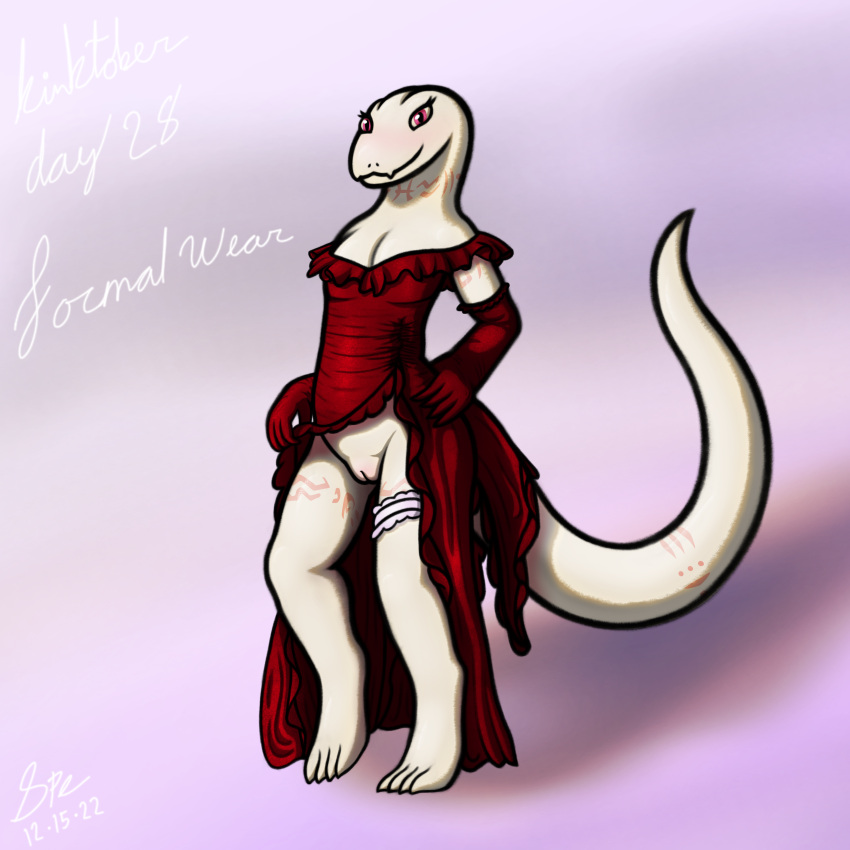 1:1 2022 4_toes 5_fingers absurd_res accessory albino anthro arm_tattoo armwear big_tail blush body_blush cel_shading clothed clothing clothing_aside clothing_lift crusch_lulu cute_fangs dated digital_drawing_(artwork) digital_media_(artwork) digitigrade dress dress_aside dress_lift elbow_gloves english_text evening_gloves evening_gown eyelashes fancy_clothing feet female fingers flat_chested formal formal_dress formal_wear front_view garter genitals gloves hand_on_hip handwear hi_res humanoid_hands kinktober leg_tattoo lizard lizardman_(overlord) long_tail looking_at_viewer neck_tattoo no_underwear orange_tattoo overlord_(series) partially_clothed pupils purple_background pussy pussy_blush red_armwear red_clothing red_dress red_elbow_gloves red_eyes red_gloves red_handwear reptile ruffled_dress scales scalie shaded shadow signature simple_background slit_dress slit_pupils smile smiling_at_viewer snout solo spe strapless_clothing strapless_dress tail_tattoo tapering_tail tattoo text thick_tail thick_thighs thigh_tattoo toes tribal tribal_tattoo white_body white_garter white_pussy white_scales wide_hips