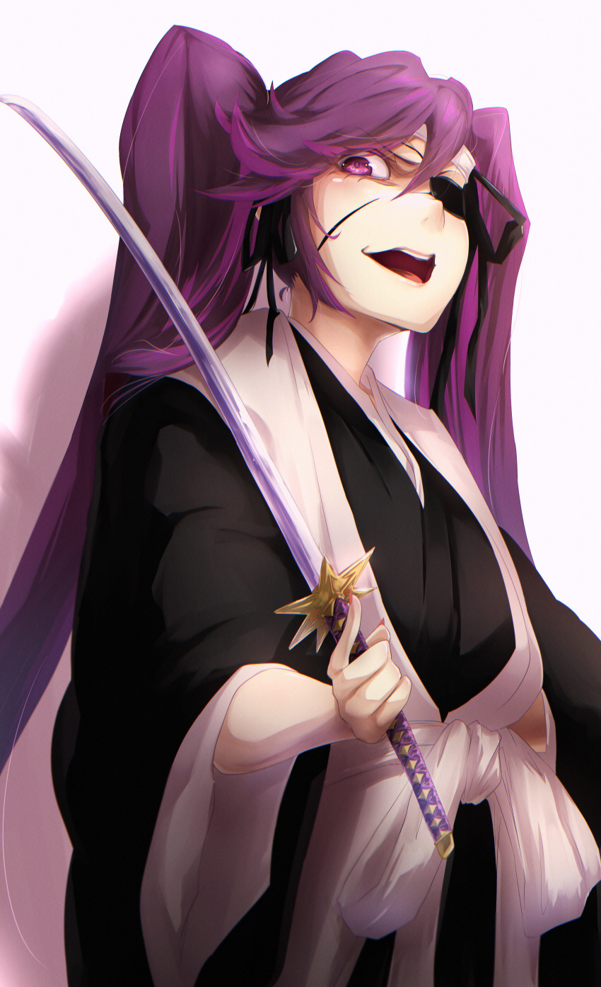 1girl absurdres bangs black_kimono black_ribbon bleach bleach:_the_thousand-year_blood_war eyelashes eyepatch flat_chest from_below hair_between_eyes hair_over_shoulder hair_ribbon hand_on_hilt haori headband highres holding holding_sword holding_weapon japanese_clothes katana kimono looking_at_viewer looking_down nose obi open_mouth purple_eyes purple_hair ribbon saitou_furoufushi sash shadow sidelocks simple_background smile solo standing sword teeth twintails upper_teeth weapon white_background white_headband yukiru_akitera