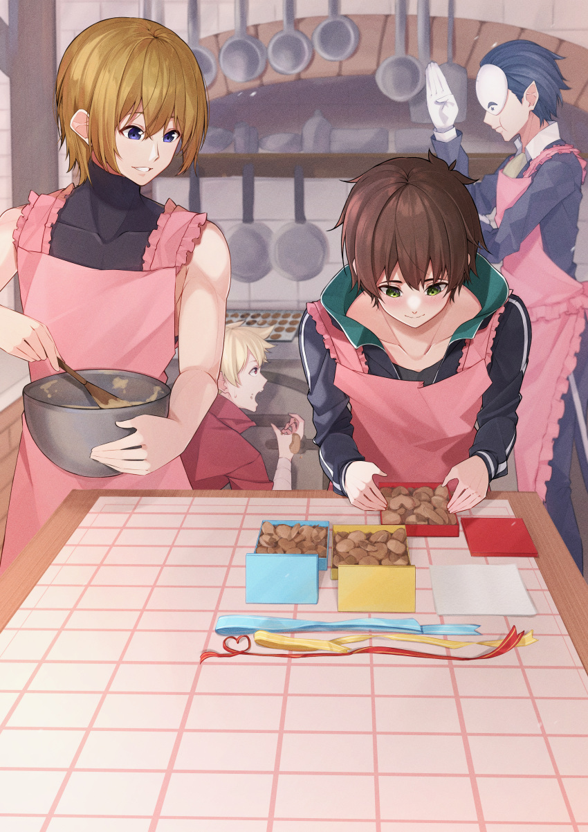 4boys absurdres apron arms_on_table baking bangs black_hair black_shirt blonde_hair blue_eyes blush box brown_hair collarbone cookie food gift gift_box gloves green_eyes green_jacket hair_between_eyes heart-shaped_cookie highres jacket kitchen kono_subarashii_sekai_ni_shukufuku_wo! looking_at_another looking_at_food mask multiple_boys parted_lips pink_apron pointy_ears ribbon sarasara_shoyu satou_kazuma shirt short_hair sidelocks sleeveless smile spiked_hair table talking vanir whisking white_day white_gloves