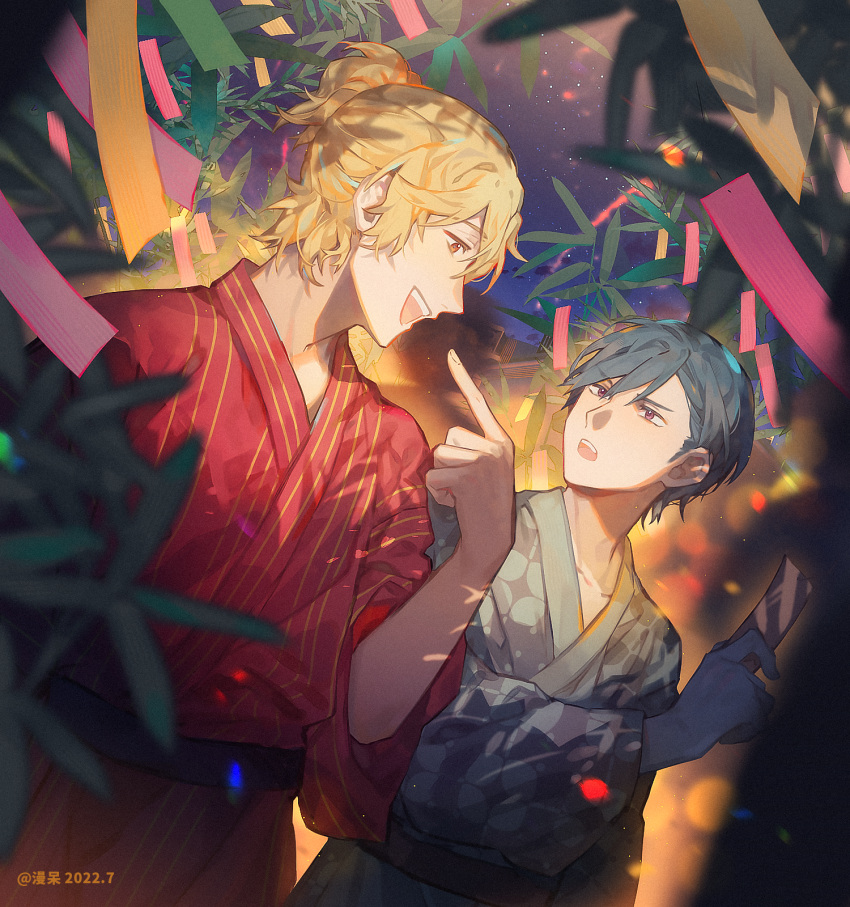 2boys :d :o black_hair blonde_hair brown_eyes dated fish191101756 hair_bun highres japanese_clothes kimono male_focus miyasumi_tatsuru multiple_boys night night_sky outdoors pointing pointing_at_self red_kimono ryman's_club shiratori_mikoto_(ryman's_club) short_hair sky smile tanabata tanzaku