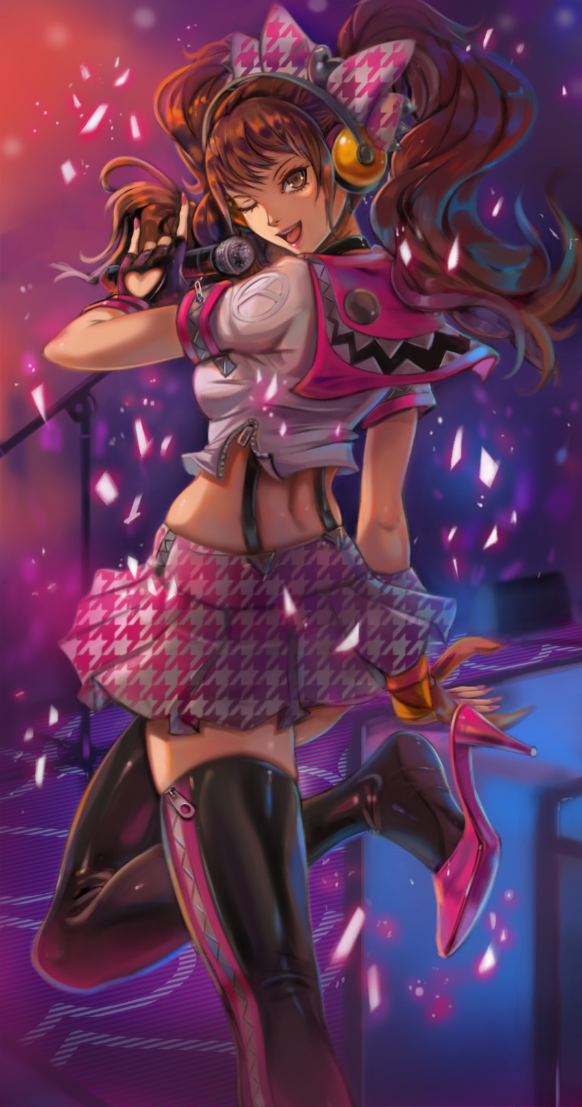 1girl absurdres black_choker bow brown_hair choker fingerless_gloves gloves hair_bow headphones high_heels highres holding holding_microphone houndstooth kujikawa_rise microphone microphone_stand midriff one_eye_closed open_mouth persona persona_4 persona_4:_dancing_all_night pink_lips pink_nails pleated_skirt skirt smile solo thighhighs toasty_scones twintails zipper
