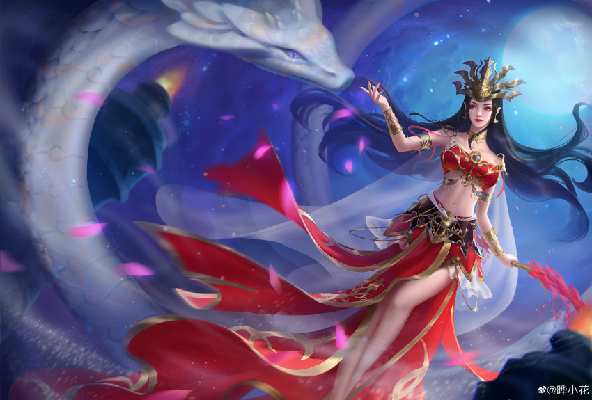 1girl absurdres bare_legs black_hair cai_lin_(doupo_cangqiong) closed_mouth doupo_cangqiong fire hair_ornament highres holding holding_whip jewelry long_hair looking_to_the_side midriff navel night pointy_ears red_tube_top smile snake strapless tube_top ye_xiao_hua