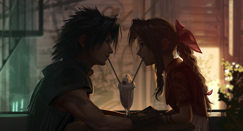 1boy 1girl absurdres aerith_gainsborough armor bangs black_hair bracelet braid braided_ponytail brown_hair cherry choker couple crisis_core_final_fantasy_vii cup dress drinking_straw drinking_straw_in_mouth eye_contact final_fantasy final_fantasy_vii final_fantasy_vii_remake food from_side fruit gloves hair_ribbon highres jacket jewelry long_hair looking_at_another milkshake parted_bangs pink_dress pink_ribbon red_jacket ribbon safaiaart shoulder_armor sidelocks spiked_hair sweater turtleneck turtleneck_sweater upper_body zack_fair