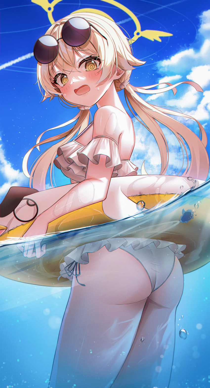 1girl @_@ absurdres ass bare_shoulders bikini blonde_hair blue_archive blue_sky blush cloud embarrassed english_commentary eyewear_on_head frilled_bikini frills halo hifumi_(blue_archive) hifumi_(swimsuit)_(blue_archive) highres innertube li_se looking_at_viewer low_twintails ocean open_mouth partially_submerged peroro_(blue_archive) round_eyewear sky solo swimsuit twintails wet white_bikini