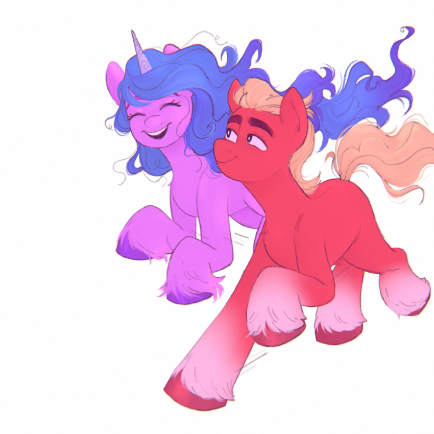 1:1 blue_hair blue_mane blue_tail cloudydr0p digital_media_(artwork) duo earth_pony equid equine female feral fetlocks fur hair happy hasbro hi_res hooves horn horse izzy_moonbow_(mlp) male mammal mane mlp_g5 my_little_pony open_mouth open_smile pony purple_body purple_fur purple_hooves red_body red_fur red_hooves simple_background smile sprout_cloverleaf_(mlp) tan_hair tan_mane tan_tail unicorn unicorn_horn white_background