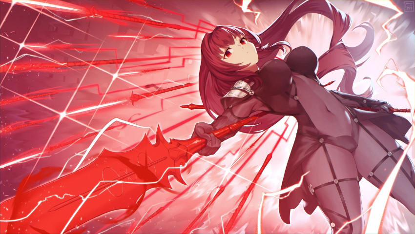 1girl armor bodysuit breasts covered_navel dual_wielding fate/grand_order fate_(series) foreshortening fumato gae_bolg_(fate) hair_intakes highres holding large_breasts leotard long_hair pauldrons polearm purple_bodysuit purple_hair purple_leotard red_eyes scathach_(fate) shoulder_armor solo spear very_long_hair weapon