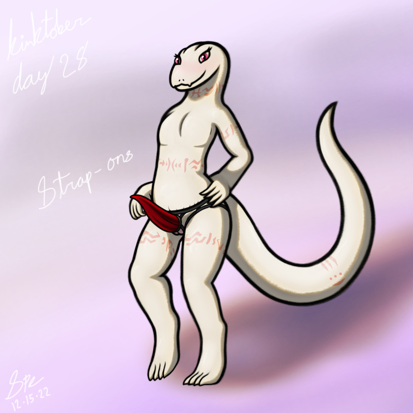 1:1 2022 4_toes 5_fingers absurd_res albino anthro arm_tattoo big_dildo big_tail blush body_blush cel_shading crusch_lulu cute_fangs dated digital_drawing_(artwork) digital_media_(artwork) digitigrade dildo english_text eyelashes featureless_chest feet female fingers flat_chested front_view genitals hand_on_hip hi_res humanoid_hands kinktober leg_tattoo lizard lizardman_(overlord) long_tail looking_at_viewer neck_tattoo nude orange_tattoo overlord_(series) pupils purple_background pussy pussy_blush red_dildo red_eyes reptile scales scalie sex_toy shaded shadow signature simple_background slit_pupils smile smiling_at_viewer snout solo spe strapon tail_tattoo tapering_dildo tapering_tail tattoo text thick_tail thick_thighs thigh_tattoo toes tribal tribal_tattoo white_body white_pussy white_scales wide_hips