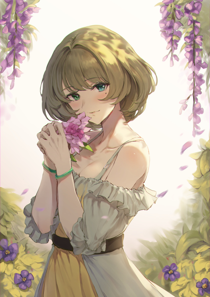 1girl bangs bare_shoulders blonde_hair bracelet breasts cleavage closed_mouth collarbone commentary commentary_request dress flower frilled_sleeves frills green_eyes highres idolmaster idolmaster_cinderella_girls jewelry jojobirdz looking_at_viewer medium_hair mole off-shoulder_dress off_shoulder own_hands_together petals plant purple_flower shadow short_sleeves smile solo takagaki_kaede upper_body