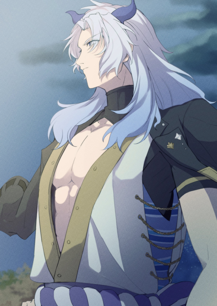 1boy absurdres akaie11 bangs black_jacket blue_eyes blue_hair closed_mouth cloud dark_clouds hajimari_no_kioku highres horns jacket jacket_on_shoulders lapel_pin light_blue_hair long_hair looking_to_the_side male_focus open_clothes open_jacket parted_bangs pectoral_cleavage pectorals rope sash shimenawa shrug_(clothing) sleeveless sleeveless_jacket solo stridon toned toned_male turtleneck upper_body white_jacket