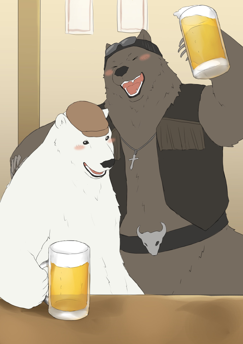 2022 absurd_res alcohol anthro barontoko bear beer beverage biped blush brown_bear brown_body clothing duo eyes_closed grizzly_(shirokuma_cafe) grizzly_bear hat headgear headwear hi_res kemono mammal polar_bear shirokuma shirokuma_cafe ursine white_body