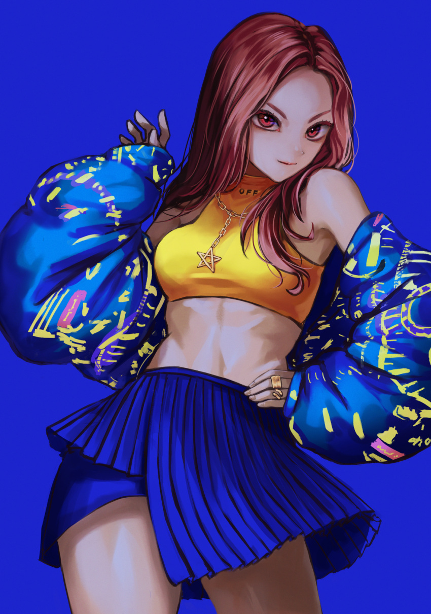 1girl blue_skirt breasts brown_eyes brown_hair chaeryeong_(itzy) cropped_shirt down_jacket hands_on_hips highres itzy jacket jewelry k-pop kumano_yume looking_at_viewer medium_breasts midriff necklace off_shoulder real_life shirt skirt sleeveless sleeveless_shirt sleeves_past_wrists solo star_(symbol) star_necklace v-shaped_eyebrows wannabe_(itzy) yellow_shirt