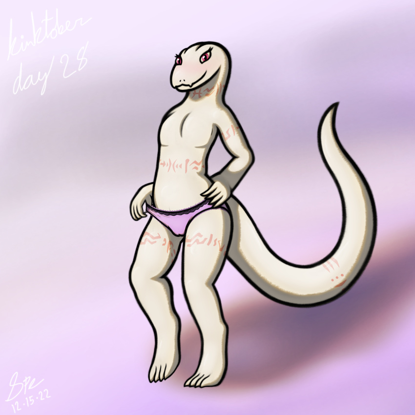 1:1 2022 4_toes 5_fingers absurd_res albino anthro arm_tattoo big_tail blush camel_toe cel_shading clothed clothing clothing_pull crusch_lulu cute_fangs dated digital_drawing_(artwork) digital_media_(artwork) digitigrade english_text eyelashes featureless_chest feet female fingers flat_chested front_view hand_on_hip hi_res humanoid_hands kinktober lace_panties leg_tattoo lizard lizardman_(overlord) long_tail looking_at_viewer neck_tattoo orange_tattoo overlord_(series) panties panties_only panty_pull pink_clothing pink_panties pink_underwear pupils purple_background red_eyes reptile scales scalie shaded shadow signature simple_background slit_pupils smile smiling_at_viewer snout solo spe tail_tattoo tapering_tail tattoo text thick_tail thick_thighs thigh_tattoo toes topless topless_anthro topless_female tribal tribal_tattoo underwear underwear_only underwear_pull white_body white_scales wide_hips