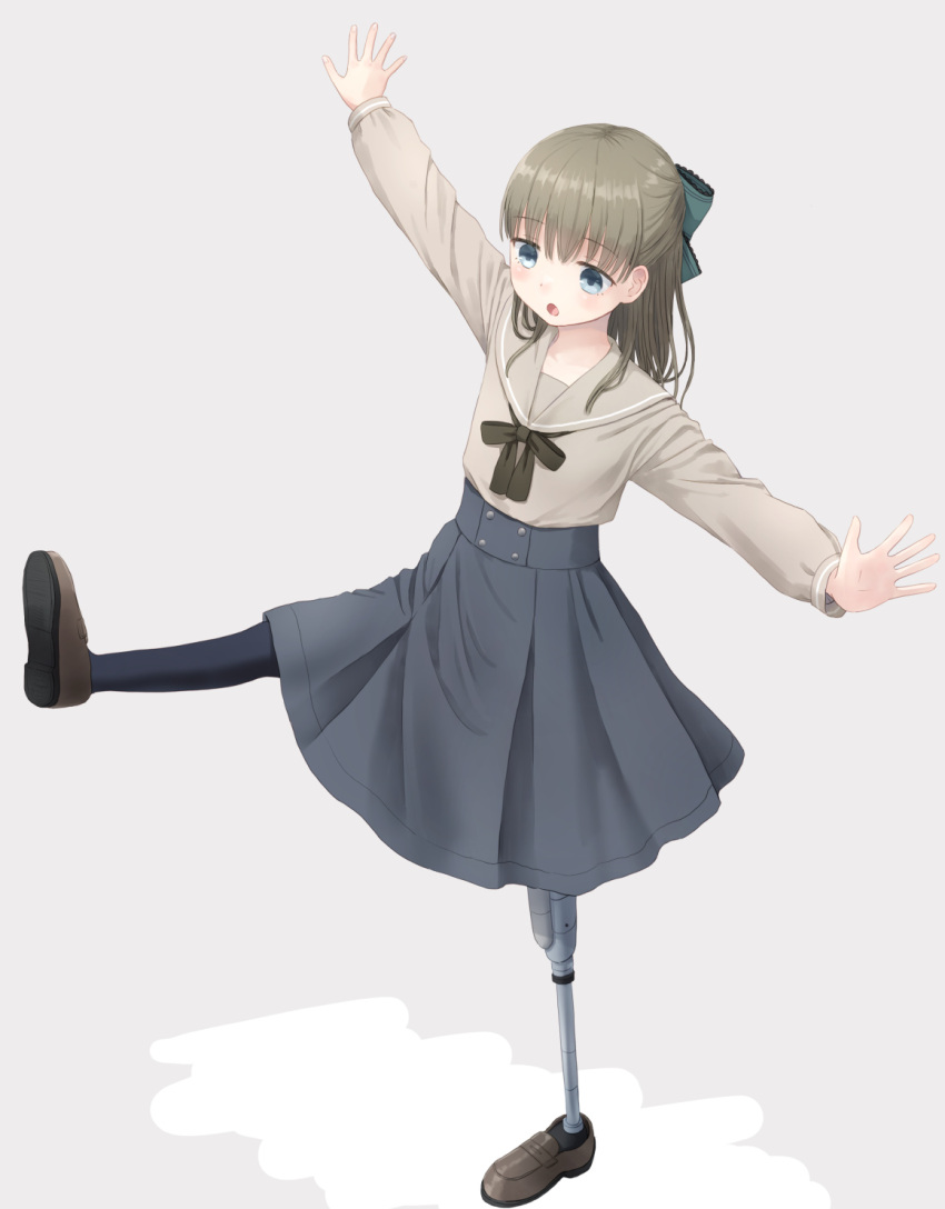 1girl :o balancing bangs black_bow black_pantyhose black_skirt blue_eyes bow brown_footwear brown_hair commentary_request full_body green_bow grey_background grey_sailor_collar grey_shirt hair_bow highres long_hair looking_away open_mouth original outstretched_arms pantyhose prosthesis prosthetic_leg sailor_collar school_uniform serafuku shirt shoe_soles simple_background skirt soles solo standing standing_on_one_leg yuyuzuki_(yume_usagi)