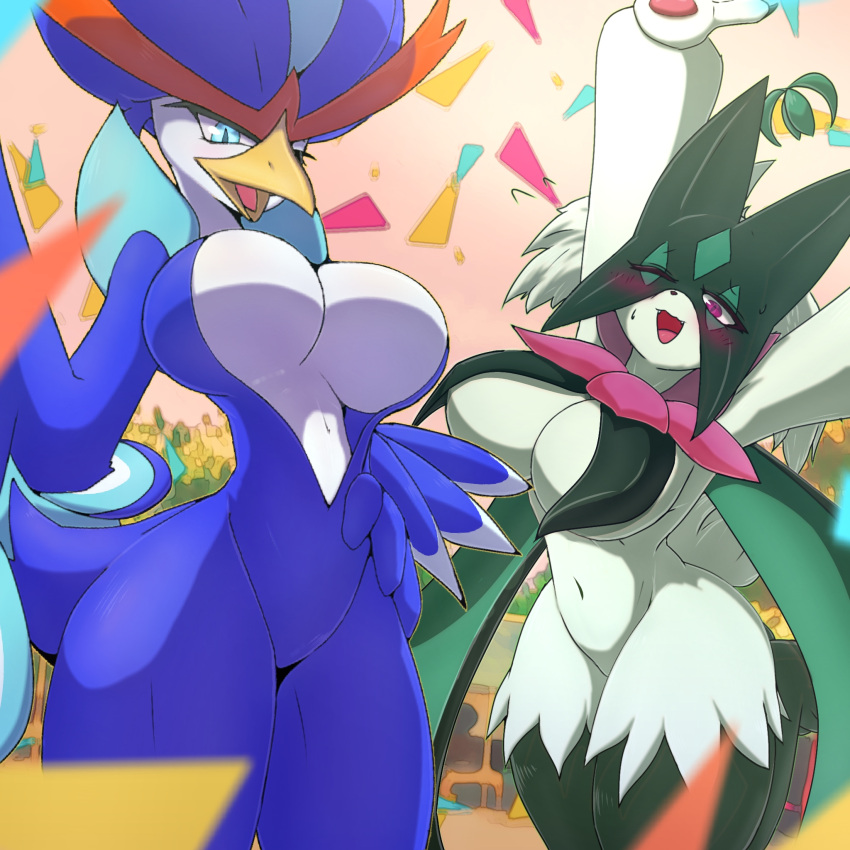 anthro avian beak bird blue_body blue_eyes blue_feathers blush breasts ebino_senaka feathers featureless_breasts felid feline female fur generation_9_pokemon green_body hi_res mammal meowscarada nintendo pokemon pokemon_(species) quaquaval smile video_games