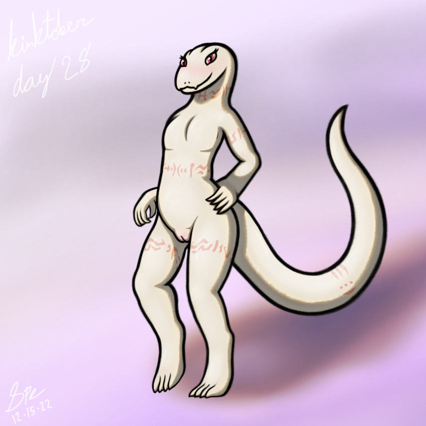 1:1 2022 4_toes 5_fingers absurd_res albino anthro arm_tattoo big_tail blush body_blush cel_shading crusch_lulu cute_fangs dated digital_drawing_(artwork) digital_media_(artwork) digitigrade english_text eyelashes feet female fingers flat_chested front_view genitals hand_on_hip hi_res humanoid_hands kinktober leg_tattoo lizard lizardman_(overlord) long_tail looking_at_viewer neck_tattoo nude orange_tattoo overlord_(series) pupils purple_background pussy pussy_blush red_eyes reptile scales scalie shaded shadow signature simple_background slit_pupils smile smiling_at_viewer snout solo spe standing tail_tattoo tapering_tail tattoo text thick_tail thick_thighs thigh_tattoo toes tribal tribal_tattoo white_body white_pussy white_scales wide_hips