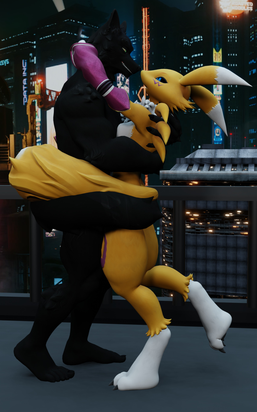 &lt;3 10:16 absurd_res alexthewolf1337 armwear bandai_namco black_body black_fur blue_eyes bridal_gauntlets canid canine canis clothing digimon digimon_(species) duo embrace entwined_tails female fur green_eyes hi_res hug love male male/female mammal renamon tail_coil white_body white_fur wolf yellow_body yellow_fur