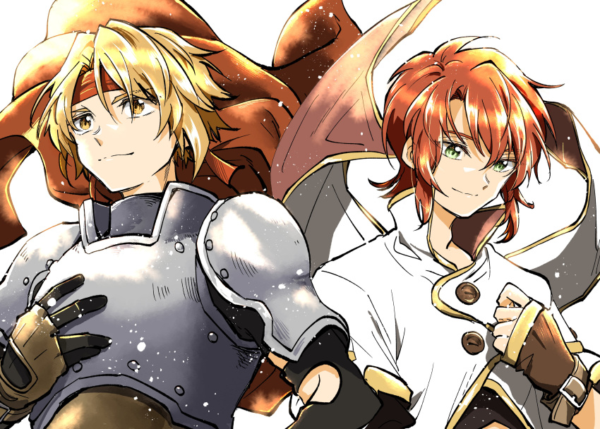 2boys absurdres armor black_shirt blonde_hair brown_gloves buttons cape closed_mouth cress_albane crop_top cropped_jacket cropped_shirt fingerless_gloves gloves green_eyes headband high_collar highres jacket kudou_makoto luke_fon_fabre male_focus multiple_boys popped_collar red_cape red_hair red_headband shirt short_hair tales_of_(series) tales_of_phantasia tales_of_the_abyss upper_body white_background white_jacket yellow_eyes