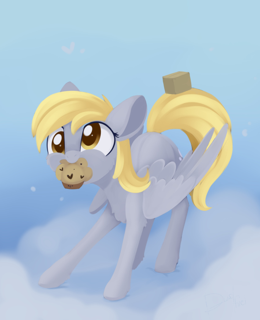 2020 blonde_hair box cloud container cutie_mark derp_eyes derpy_hooves_(mlp) digital_media_(artwork) dusthiel equid equine eyelashes feathered_wings feathers female feral food friendship_is_magic fur grey_body grey_feathers grey_fur hair hasbro hi_res mammal mouth_hold muffin my_little_pony pegasus smile solo wings yellow_eyes yellow_tail