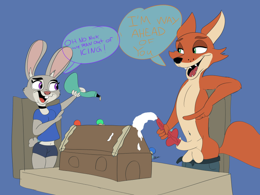 absurd_res bodily_fluids canid canine clothed clothed/nude clothed_female_nude_male clothing cum cum_on_food disney female food fox genital_fluids hi_res judy_hopps male male/female male_focus mammal nick_wilde nude zootopia