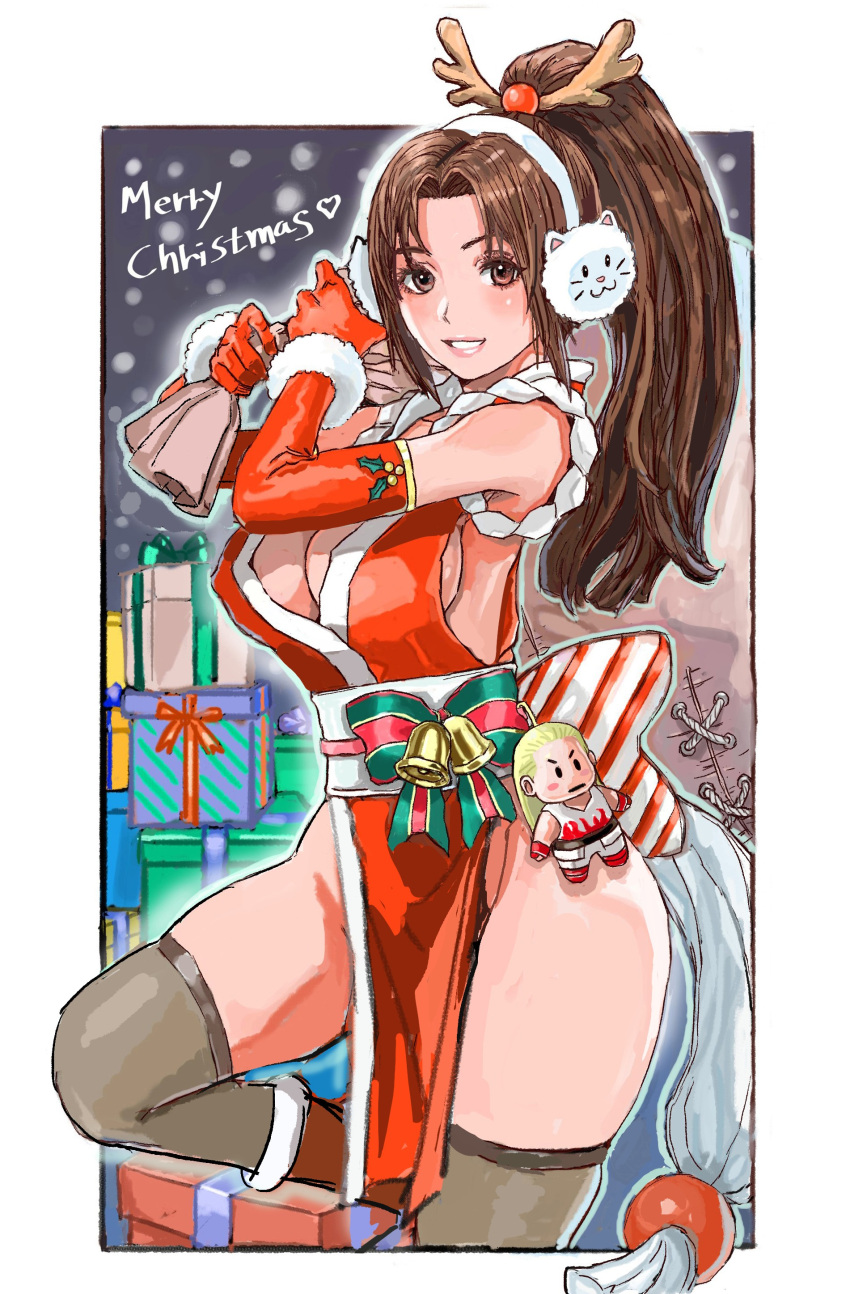 1girl absurdres andy_bogard animal_earmuffs bangs bare_shoulders bell breasts brown_eyes brown_hair christmas cleavage doll earmuffs elbow_gloves fatal_fury gift gloves hair_ornament high_ponytail highres holding holding_sack japanese_clothes large_breasts lips long_hair looking_at_viewer merry_christmas ninja parted_bangs parted_lips red_gloves revealing_clothes sack santa_costume shiranui_mai shiren_(ourboy83) skindentation snow teeth the_king_of_fighters thighhighs thighs