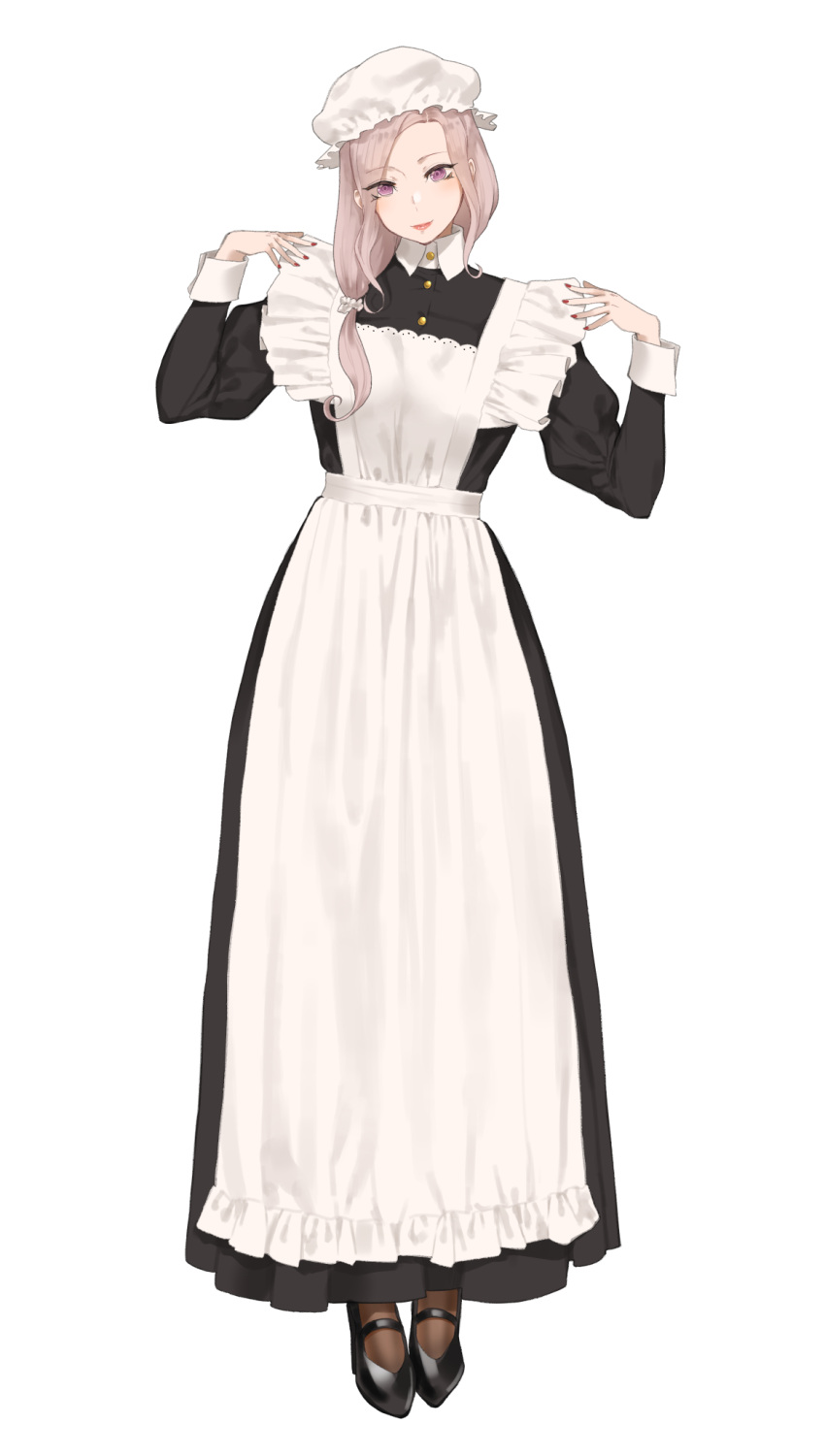 1girl apron bangs collared_shirt dress frilled_apron frills highres juliet_sleeves long_hair long_sleeves looking_at_viewer maid maid_apron maid_day original parted_bangs puffy_sleeves purple_eyes shirt simple_background sleeve_cuffs smile solo throtem white_background