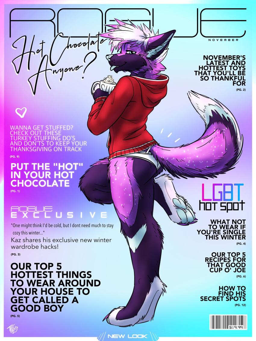 anthro beverage blep blue_pawpads candy canid canine canis chocolate claws clothing container cover cup dairy_products dessert digitigrade domestic_dog english_text food girly hi_res hot_chocolate magazine_cover male mammal multicolored_body on_one_leg panties pawpads paws solo sparkledog sparkles standing tekkymunster text tongue tongue_out underwear whipped_cream white_clothing white_panties white_underwear