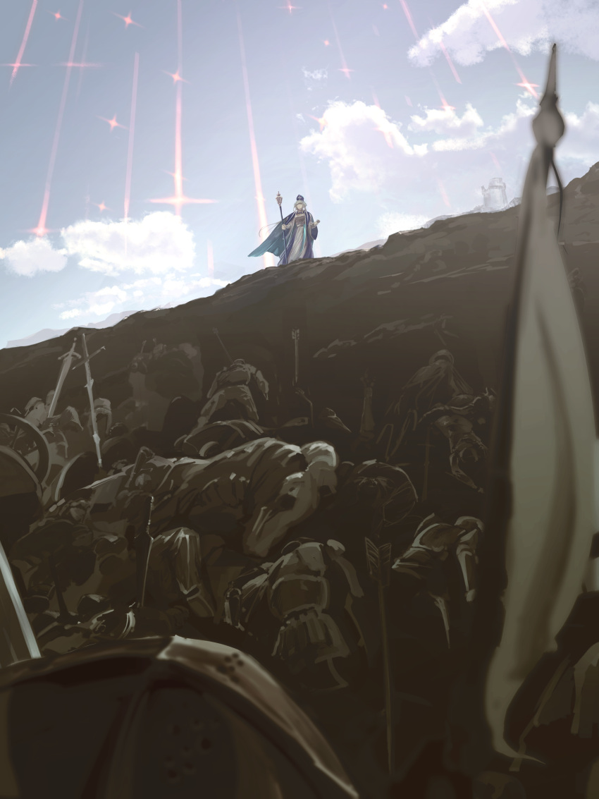 1girl absurdres armor arrow_(projectile) blue_cape blue_headwear blurry cape cent_u cloud corpse depth_of_field dress fate/grand_order fate_(series) flag grey_eyes grey_hair hat highres hill holding holding_staff layered_sleeves long_sleeves mitre parted_lips planted planted_sword pope_joan_(fate) ruins shooting_star solo_focus staff standing stole sword weapon white_dress wide_sleeves