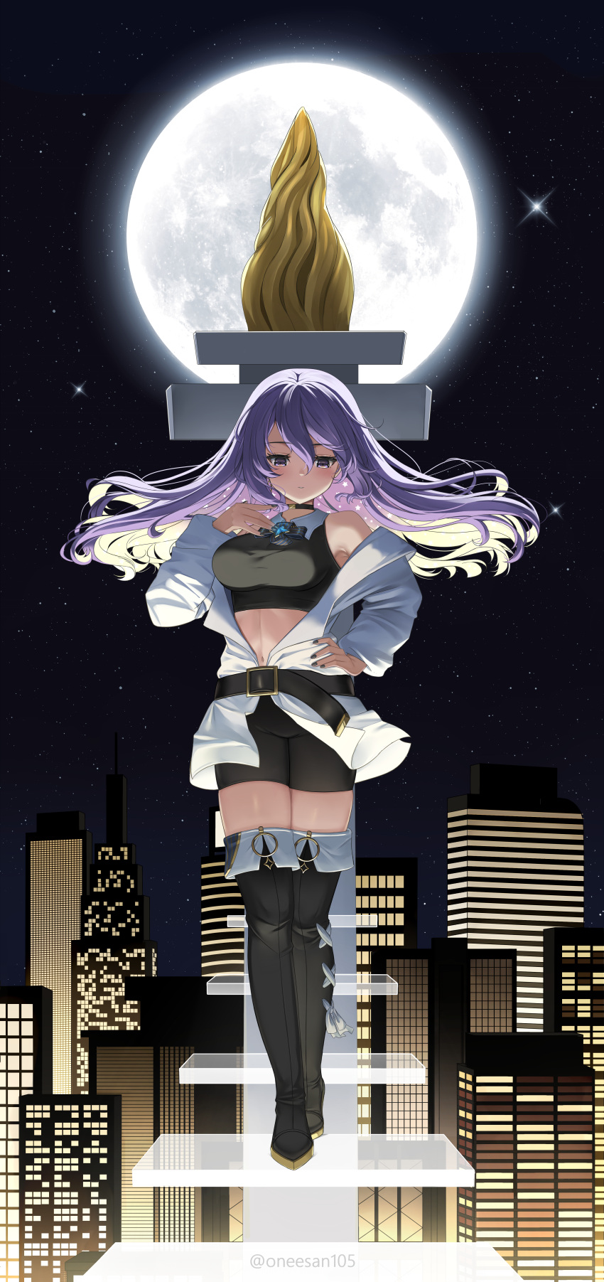 1girl absurdres belt black_nails black_shorts boots breasts city colored_inner_hair crop_top floating_stairs full_moon hand_on_hip highres hololive hololive_indonesia jacket large_breasts long_hair midriff monument moon moona_hoshinova multicolored_hair navel night purple_eyes purple_hair rem_moon shorts starry_hair thigh_boots twitter_username virtual_youtuber white_jacket