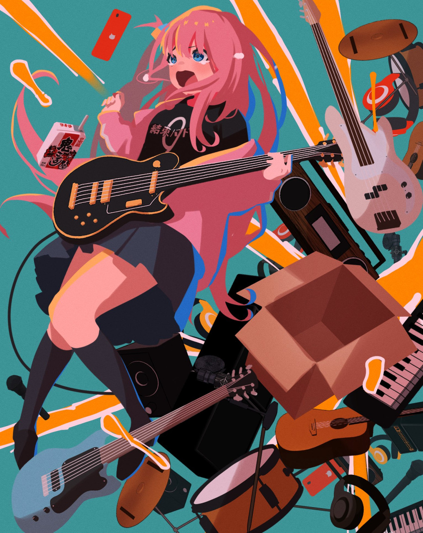 1girl aqua_background bangs bass_guitar blue_eyes bocchi_the_rock! box cardboard_box carton cellphone crying crying_with_eyes_open cube_hair_ornament cymbals drum drum_set electric_guitar fender_precision_bass gibson_les_paul gotou_hitori guitar hair_between_eyes hair_ornament headphones highres holding holding_instrument holding_plectrum instrument jacket kneehighs leggings long_hair microphone noranucoo open_clothes open_jacket open_mouth phone pink_hair plectrum scared screaming shirt shoes skirt smartphone socks speaker t-shirt teardrop tears track_jacket