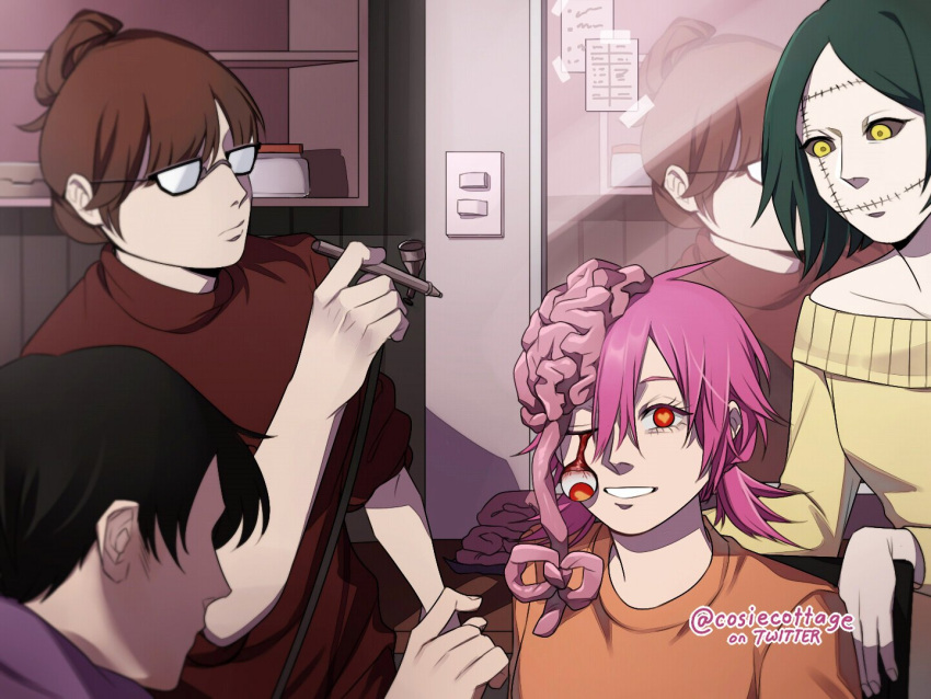 1boy 3girls airbrush applying_makeup black_hair black_sclera brown_hair chainsaw_man colored_sclera cosiecottage cosmo_(chainsaw_man) dangling_eye exposed_brain glasses green_hair hair_bun hair_ribbon heart heart-shaped_pupils medium_hair mirror multiple_girls orange_sweater pale_skin pink_hair red_eyes reflection ribbon short_hair short_twintails sleeveless sleeveless_turtleneck smile stitched_face stitched_mouth stitches sweater symbol-shaped_pupils tsugihagi_(chainsaw_man) turtleneck twintails twitter_username yellow_eyes yellow_sweater