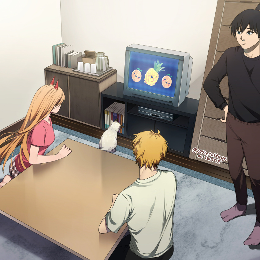 1girl 2boys absurdres black_hair black_sweater blonde_hair blue_eyes book book_stack brown_pants chainsaw_man coffee_pot cosiecottage denji_(chainsaw_man) food fruit hand_on_hip hayakawa_aki highres horns living_room long_hair looking_at_another looking_to_the_side meowy_(chainsaw_man) multiple_boys orange_(fruit) pants pineapple pink_hair plaid plaid_shorts power_(chainsaw_man) red_horns shirt short_hair shorts sitting socks sweater television topknot twitter_username watching_television white_shirt