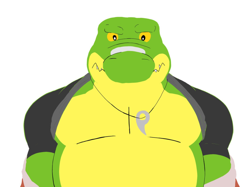 2022 alligator alligatorid anthro belly biped brok_(character) brok_the_investigator clothed clothing crocodilian green_body hi_res open_clothing open_shirt open_topwear portrait reptile scalie shirt simple_background slightly_chubby solo thqr37 topwear video_games white_background