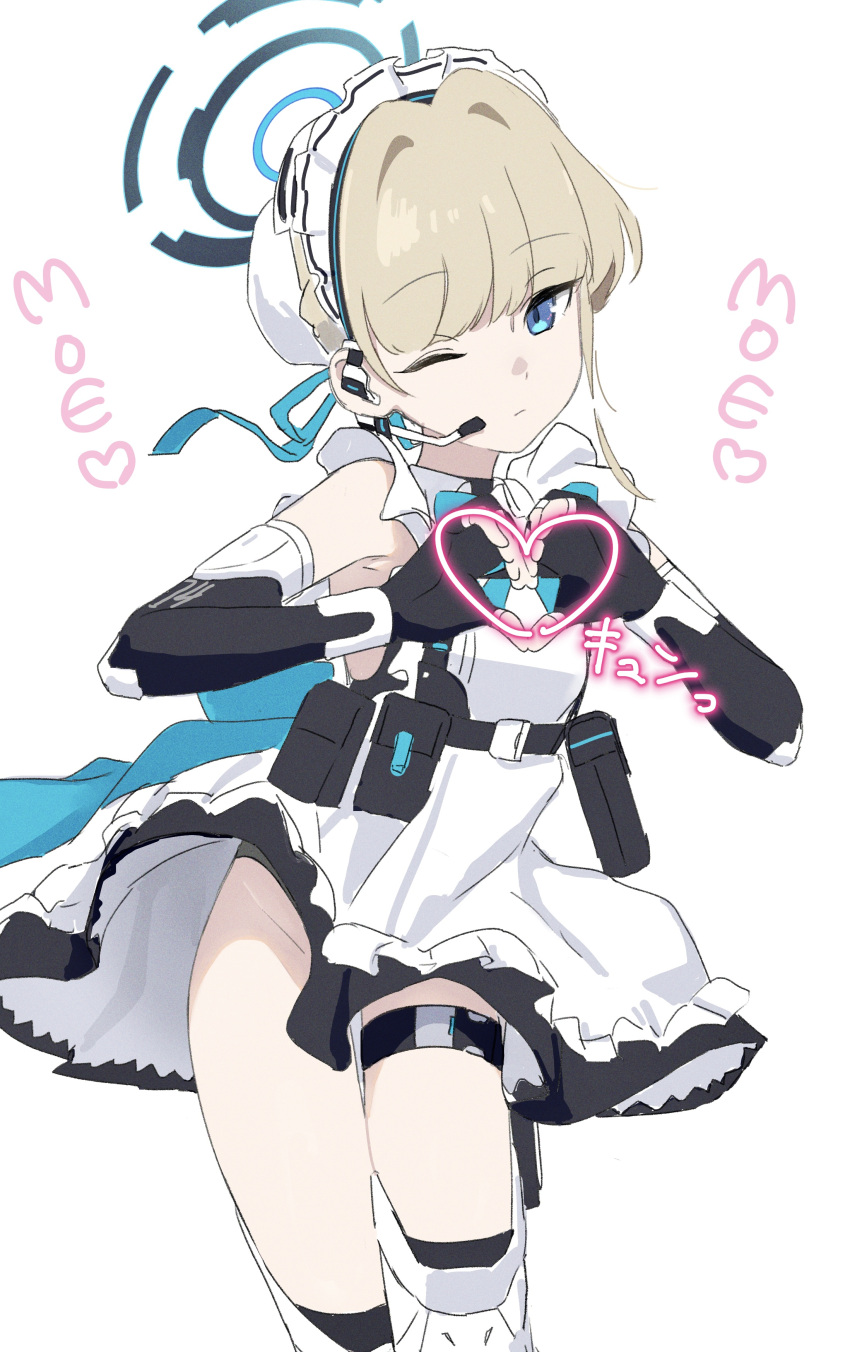 1girl absurdres apron blonde_hair blue_archive blue_bow blue_bowtie blue_eyes bow bowtie chest_harness earpiece fingerless_gloves frilled_apron frills gloves halo harness heart heart_hands highres holster large_bow leg_up maid_headdress moe_moe_kyun! noeru_(yuiitsu_tarashimeru) one_eye_closed sketch standing standing_on_one_leg thigh_holster toki_(blue_archive) waist_bow