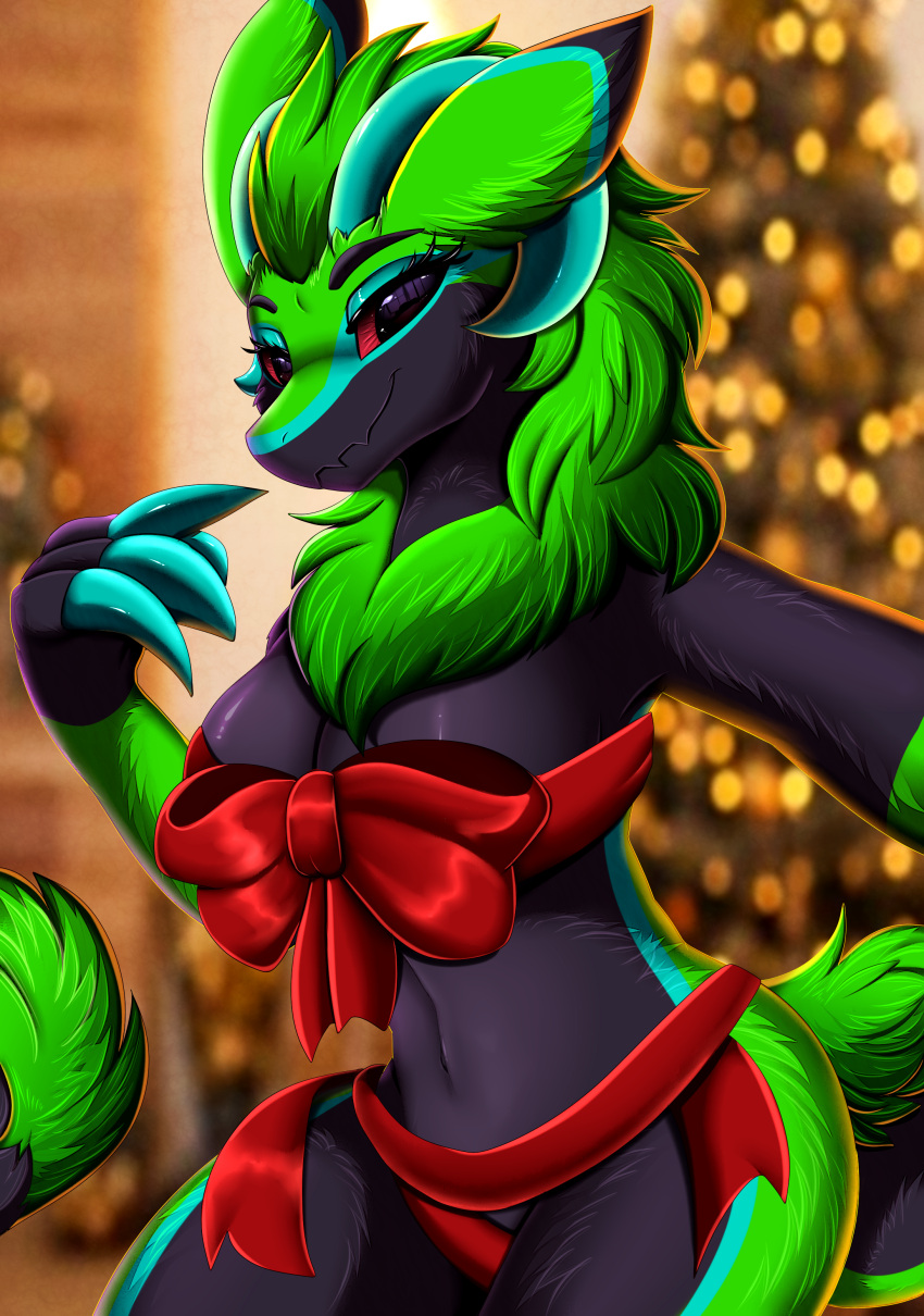 2022 absurd_res anthro bedroom_eyes black_body black_fur blue_body blue_fur blurred_background bow_ribbon breasts christmas christmas_decorations christmas_tree claws cleavage clothed clothing digital_media_(artwork) einomi female finger_claws fur green_body green_fur hi_res holidays multicolored_body multicolored_fur narrowed_eyes plant pridark red_eyes seductive smile solo tree wickerbeast