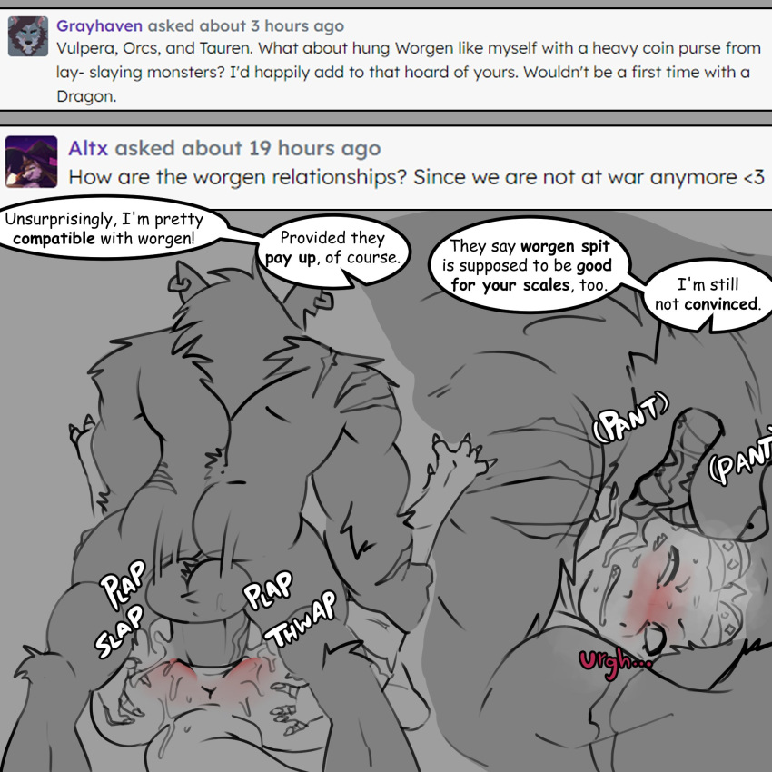 1:1 2022 4_toes 5_fingers anthro anthro_on_anthro anthro_penetrated anthro_penetrating anthro_penetrating_anthro anus arm_scar ask_blog back_muscles backsack balls blizzard_entertainment blush bodily_fluids breath butt canid cindesh claws digital_media_(artwork) disgust dracthyr dragon drooling duo ear_piercing ear_ring english_text fangs feet female female_penetrated fingers from_front_position fur genitals hair hi_res hip_scar horn humanoid_hands leg_grab legs_up male male/female male_penetrating male_penetrating_female mammal mating_press membrane_(anatomy) membranous_wings muscular muscular_anthro muscular_male nude open_mouth panting penetration penile penile_penetration penis penis_in_pussy piercing pussy ring_piercing saliva saliva_on_face scales scalie scar sex shoulder_scar sketch speech_bubble teeth text thick_thighs thighlet toe_claws toes tohaakart vaginal vaginal_penetration video_games warcraft were werecanid western_dragon wings worgen