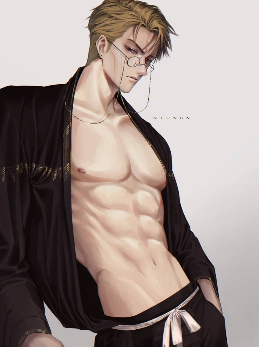 1boy abs absurdres black_pants black_robe blonde_hair collarbone cowboy_shot glasses hand_in_pocket highres jujutsu_kaisen looking_at_viewer male_focus muscular muscular_male nanami_kento navel nipples nthndn open_clothes open_robe pants pectorals robe short_hair solo standing