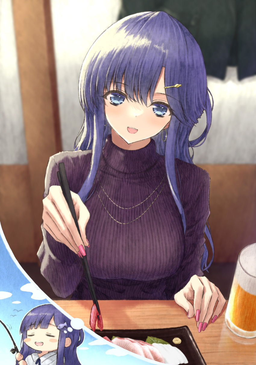 1girl absurdres aged_up aramachi asari_nanami beer_mug bird blue_eyes blue_hair blue_sky blush_stickers breasts chibi chopsticks closed_eyes cup fingernails fishing fishing_rod food head_tilt highres holding holding_chopsticks idolmaster idolmaster_cinderella_girls imagining looking_at_viewer medium_breasts mug nail_polish restaurant ribbed_sweater sashimi sky sweater