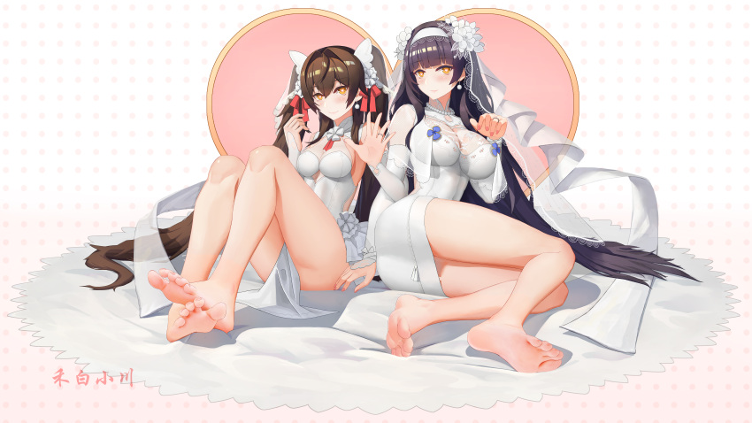 2girls absurdres bangs bare_legs barefoot black_hair blush breasts bridal_veil brown_hair closed_mouth dress earrings feet flower full_body girls'_frontline gloves hair_flower hair_ornament hair_ribbon hairband heart heart-shaped_pupils hebai_xiaochuan highres jewelry large_breasts legs lips long_hair looking_at_viewer medium_breasts multiple_girls nail_polish necklace no_shoes official_alternate_costume on_floor partially_fingerless_gloves pink_nails red_ribbon ribbon ring simple_background sitting smile soles symbol-shaped_pupils thighs toes type_95_(girls'_frontline) type_95_(prairie_gentian_and_her_season)_(girls'_frontline) type_97_(girls'_frontline) type_97_(prayers_in_the_wind)_(girls'_frontline) veil very_long_hair wedding_dress wedding_ring white_dress white_gloves white_hairband white_ribbon white_veil yellow_eyes