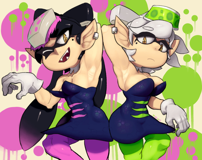 +_+ 2girls absurdres arm_up armpits artist_name bangs bare_shoulders black_hair blue_dress bow-shaped_hair breasts callie_(splatoon) cleavage closed_mouth commentary cowboy_shot detached_collar dress earrings english_commentary fangs gloves green_pantyhose grey_hair half-closed_eye half-closed_eyes hand_up happy highres jewelry large_breasts leg_up lilmoonie long_hair looking_at_viewer marie_(splatoon) mole mole_under_eye multicolored_background multiple_girls object_on_head one_eye_closed open_mouth pantyhose pink_pantyhose pointy_ears presenting_armpit shiny shiny_hair short_dress short_hair siblings sidelocks signature single_earring sisters small_breasts smile splatoon_(series) splatoon_1 splatter_background standing standing_on_one_leg strapless strapless_dress symmetry teeth tentacle_hair tentacles twintails white_gloves yellow_eyes