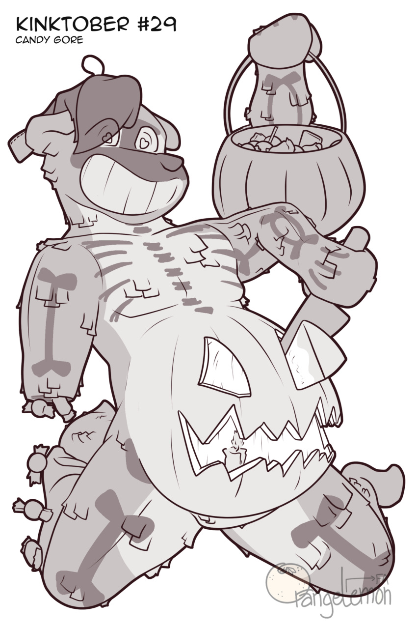 black_and_white candy_gore hi_res inktober jack-o'-lantern knife leaking male mammal moblie moblie_(character) monochrome mustelid otter pi&ntilde;ata pumpkin_belly solo transformation