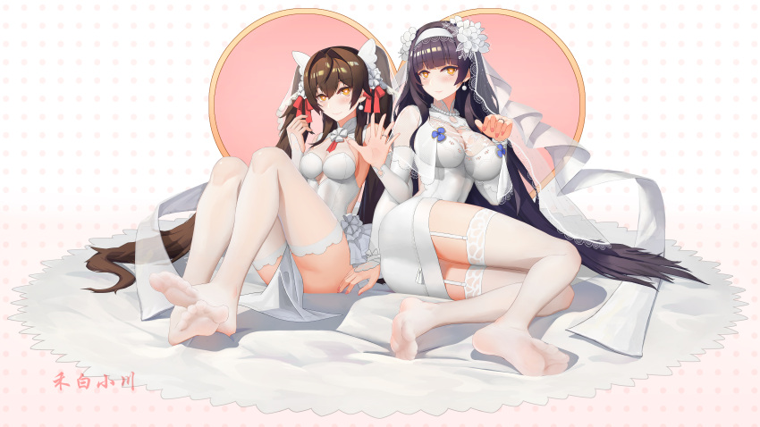 2girls absurdres bangs black_hair blush breasts bridal_veil brown_hair closed_mouth dress earrings feet flower full_body garter_belt garter_straps girls'_frontline gloves hair_flower hair_ornament hair_ribbon hairband heart heart-shaped_pupils hebai_xiaochuan highres jewelry large_breasts legs lips long_hair looking_at_viewer medium_breasts multiple_girls nail_polish necklace no_shoes official_alternate_costume on_floor partially_fingerless_gloves pink_nails red_ribbon ribbon ring simple_background sitting smile soles symbol-shaped_pupils thighhighs thighs toes type_95_(girls'_frontline) type_95_(prairie_gentian_and_her_season)_(girls'_frontline) type_97_(girls'_frontline) type_97_(prayers_in_the_wind)_(girls'_frontline) veil very_long_hair wedding_dress wedding_ring white_dress white_gloves white_hairband white_ribbon white_thighhighs white_veil yellow_eyes