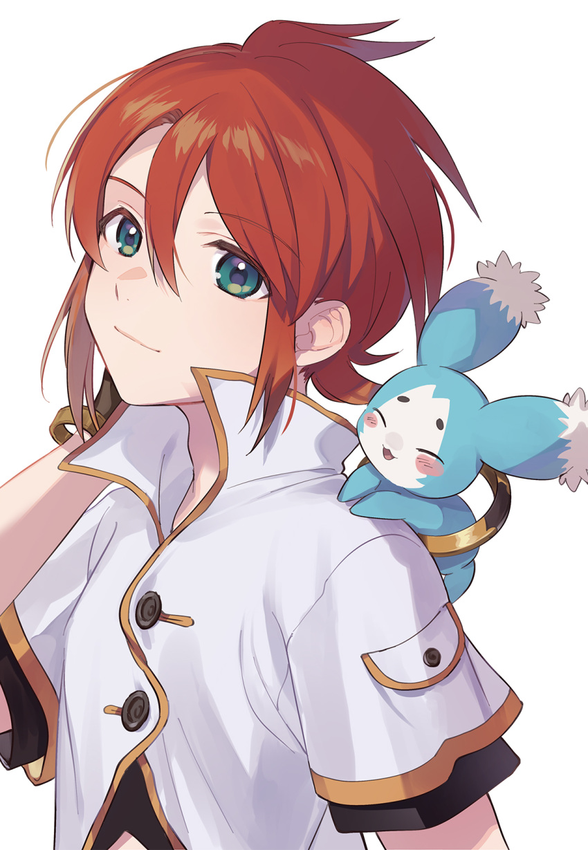 1boy closed_mouth collared_shirt creature creature_on_shoulder fuji_fujino green_eyes hair_between_eyes highres looking_at_viewer luke_fon_fabre male_child mieu_(tales) on_shoulder red_hair shirt short_hair short_sleeves simple_background smile tales_of_(series) tales_of_the_abyss white_background white_shirt