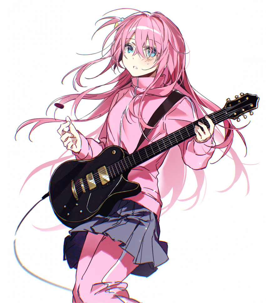 1girl bangs blue_eyes bocchi_the_rock! cube_hair_ornament electric_guitar gibson_les_paul gotou_hitori grey_skirt guitar hair_between_eyes hair_ornament highres holding holding_instrument instrument jacket liyu215722 long_hair long_sleeves looking_at_viewer open_mouth pants pants_under_skirt pink_hair pink_jacket pink_pants pleated_skirt plectrum simple_background skirt solo track_jacket track_pants white_background