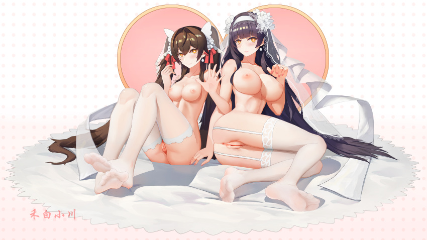 2girls absurdres bangs bare_shoulders black_hair blush breasts bridal_veil brown_hair closed_mouth collarbone earrings feet flower full_body garter_belt garter_straps girls'_frontline hair_flower hair_ornament hair_ribbon hairband heart heart-shaped_pupils hebai_xiaochuan highres jewelry large_breasts legs lips long_hair looking_at_viewer medium_breasts multiple_girls nail_polish necklace nipples no_shoes nude official_alternate_costume on_floor pink_nails pussy red_ribbon ribbon ring simple_background sitting smile soles symbol-shaped_pupils thighhighs thighs toes type_95_(girls'_frontline) type_95_(prairie_gentian_and_her_season)_(girls'_frontline) type_97_(girls'_frontline) type_97_(prayers_in_the_wind)_(girls'_frontline) veil very_long_hair wedding_ring white_hairband white_ribbon white_thighhighs white_veil yellow_eyes